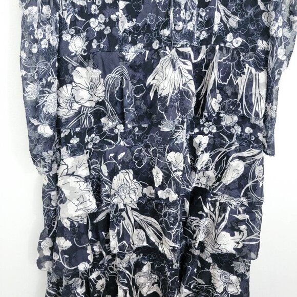 Marchesa Notte Floral-Print Tiered Midi Dress in Navy 14 - Picture 6 of 12
